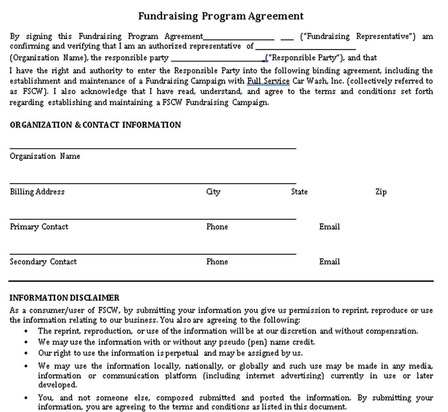 Sample Fundraising Program Agreement Format
