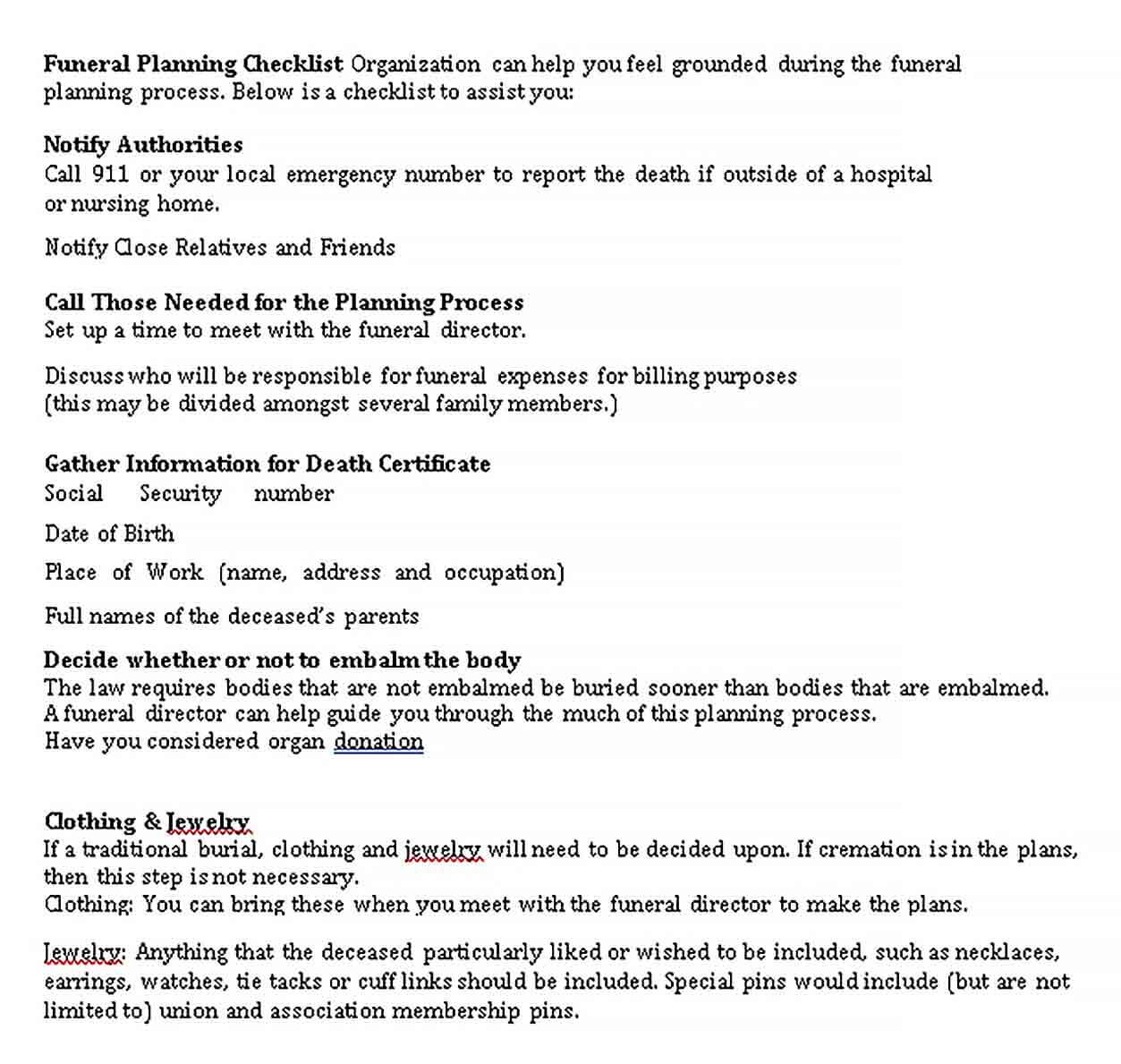 Sample Funeral Planning Checklist Template