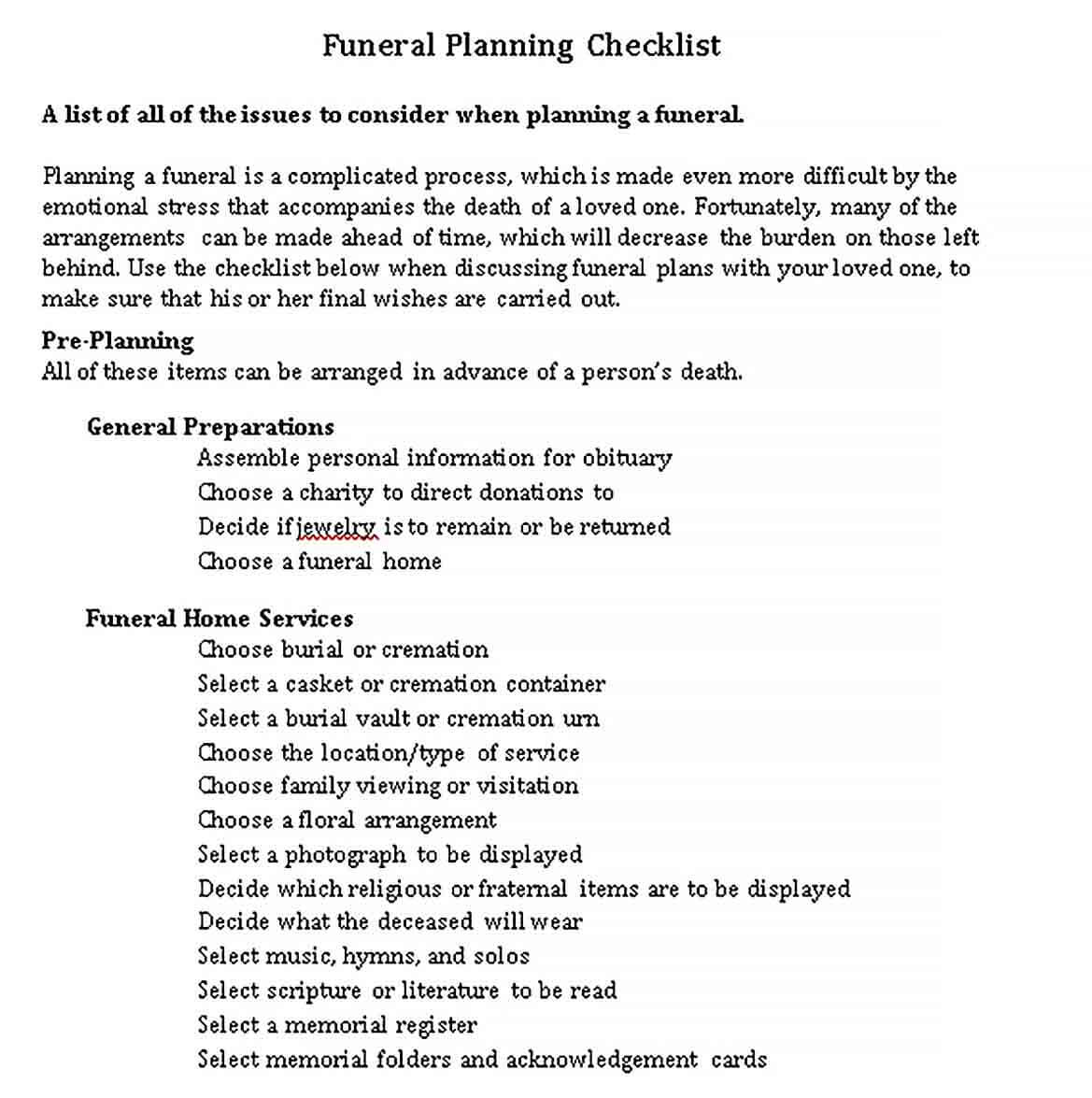 Sample Funeral Planning Checklist in PDF
