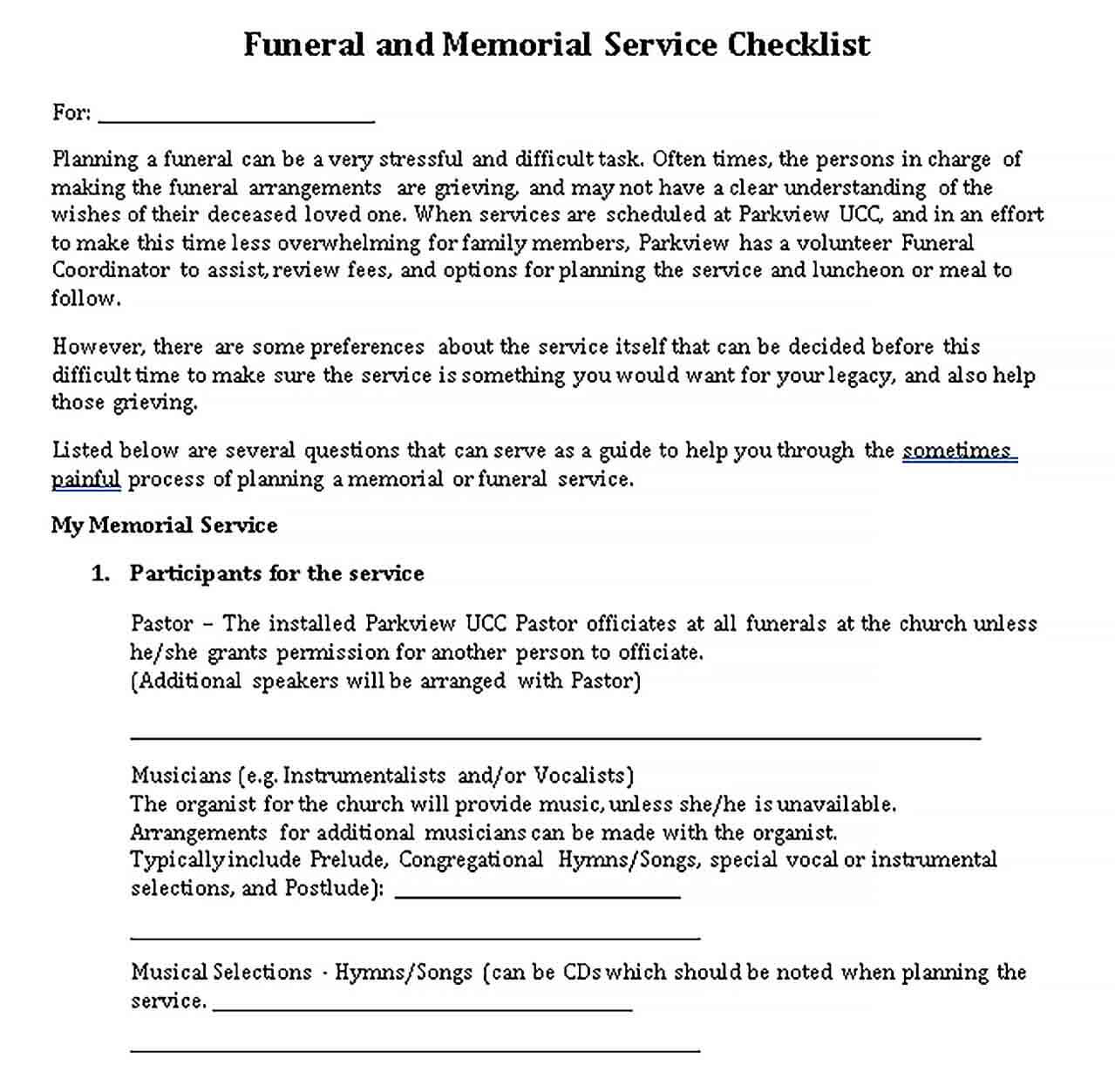 Sample Funeral and Memorial Service Checklist