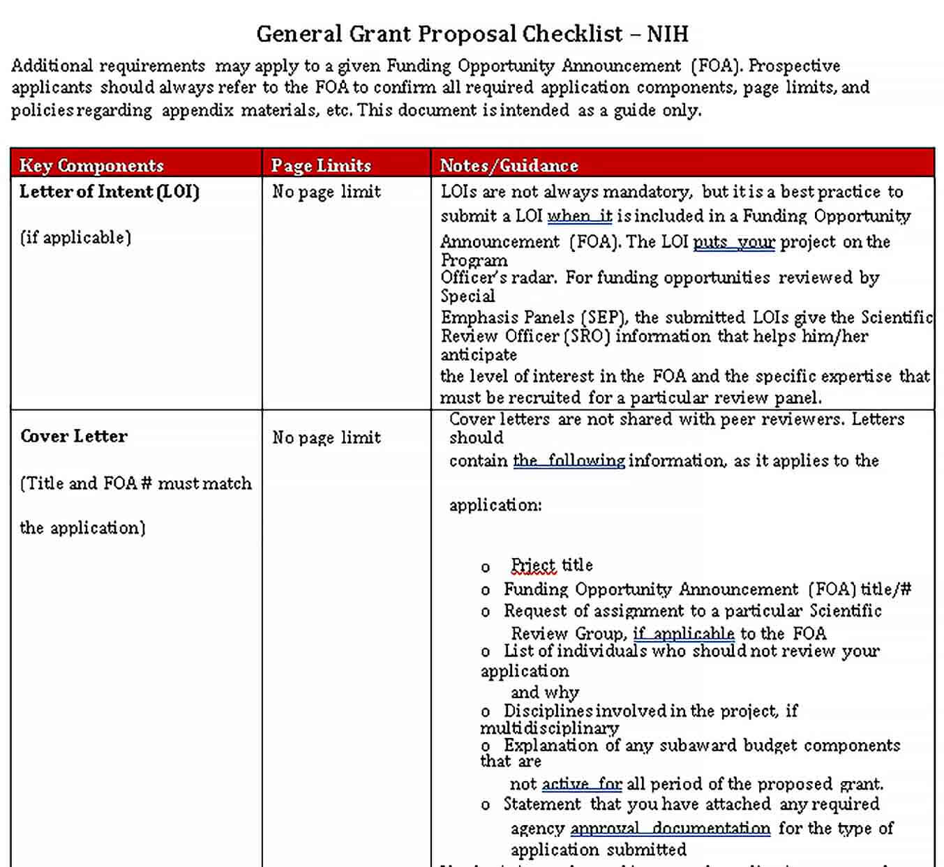 Sample General Grant Proposal Checklist Template
