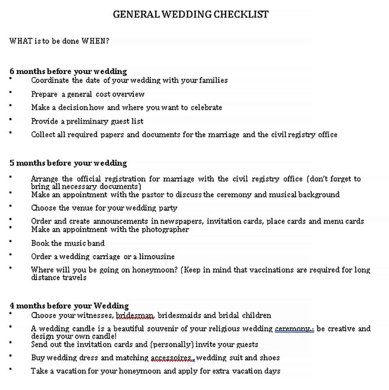 Sample General Wedding Checklist