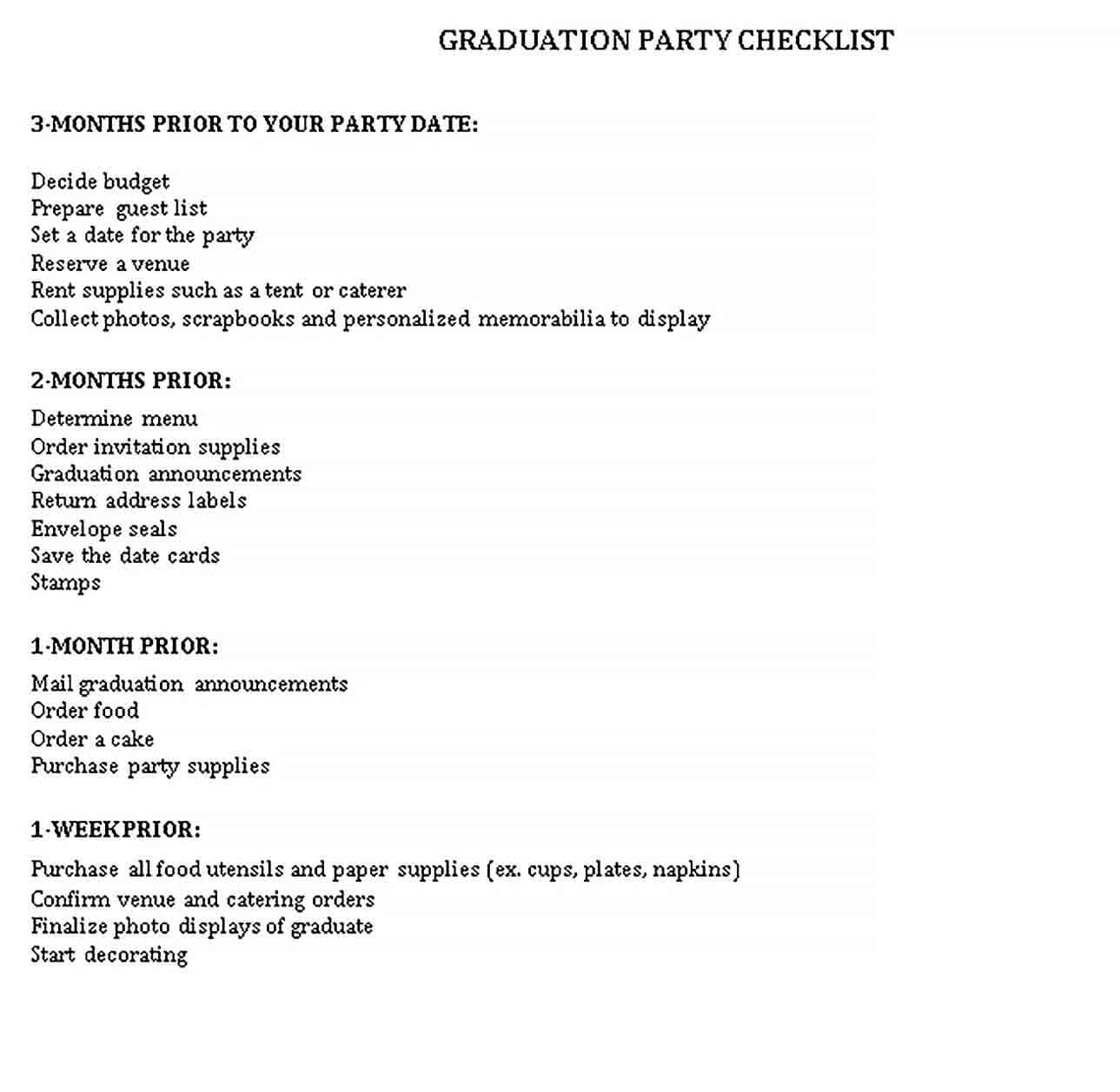 Sample Graduation Party Checklist Template