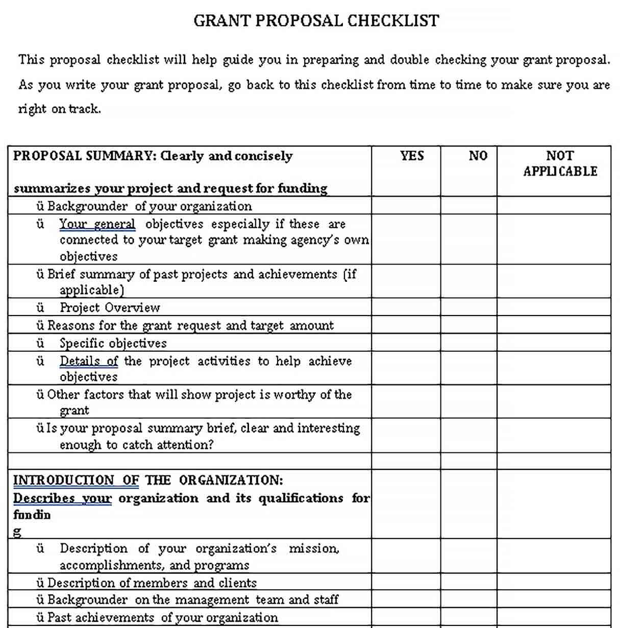 Sample Grant Proposal Checklist Template