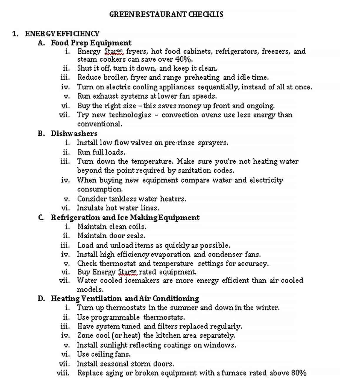 Sample Green Restaurant Checklist