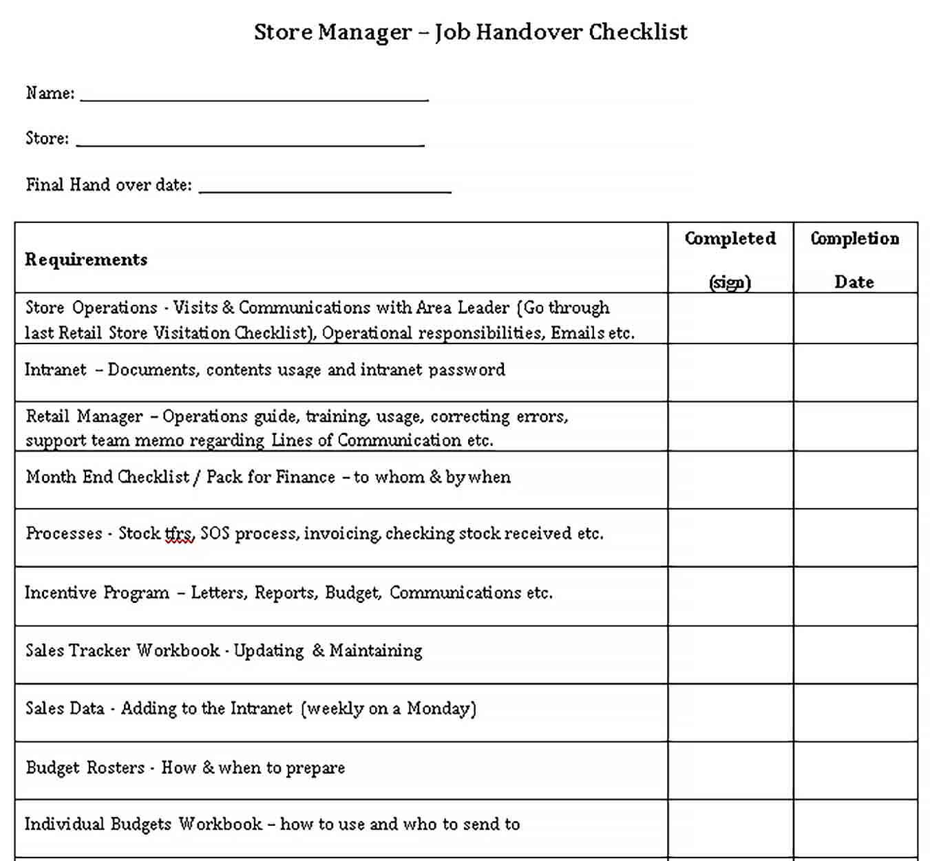Sample Handover Resignation Checklist Template