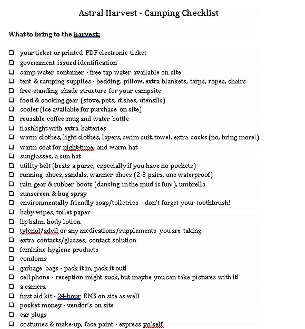 Sample Harvest Camping Checklist