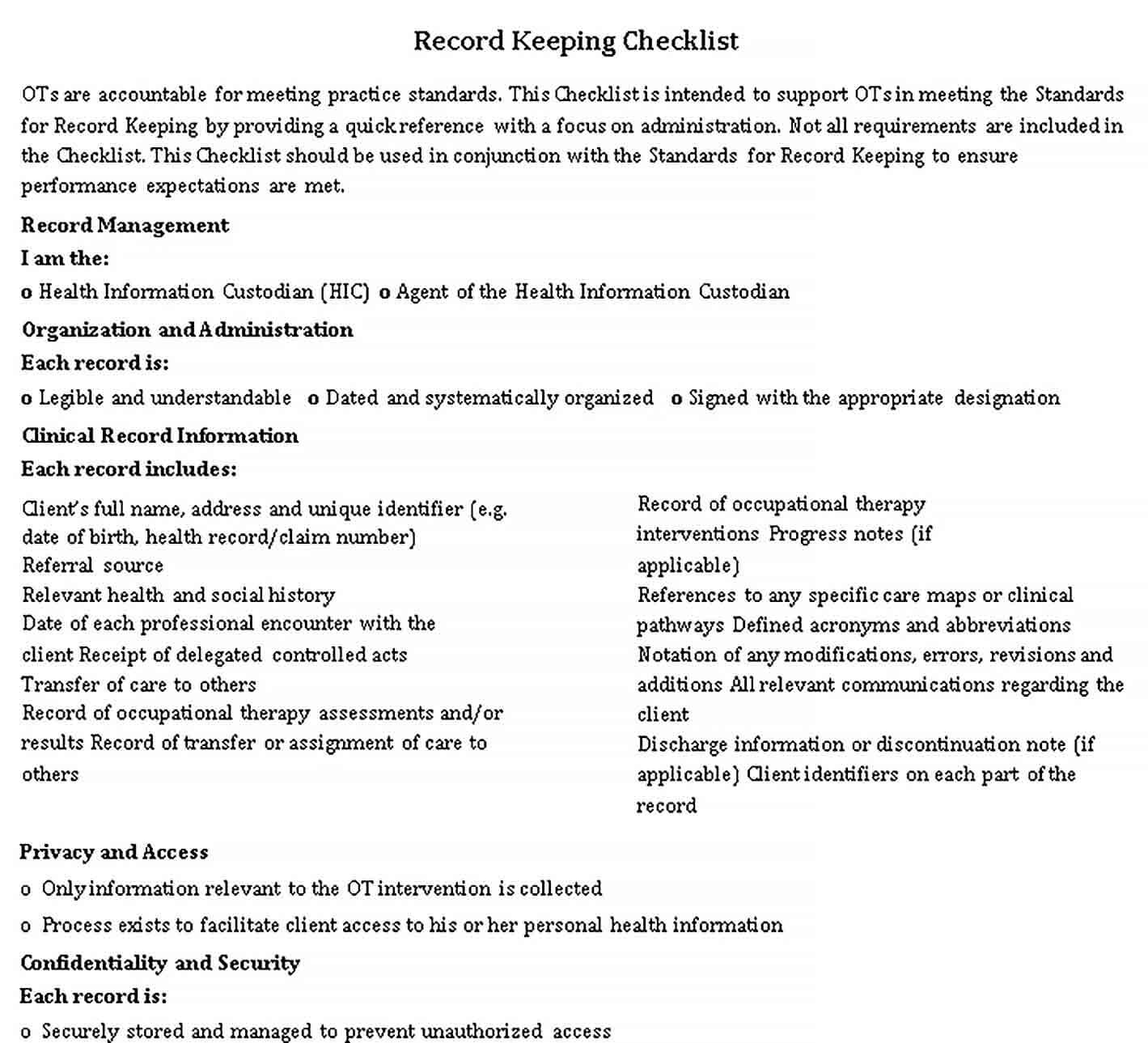 Sample Health Sector Record Keeping Checklist Template