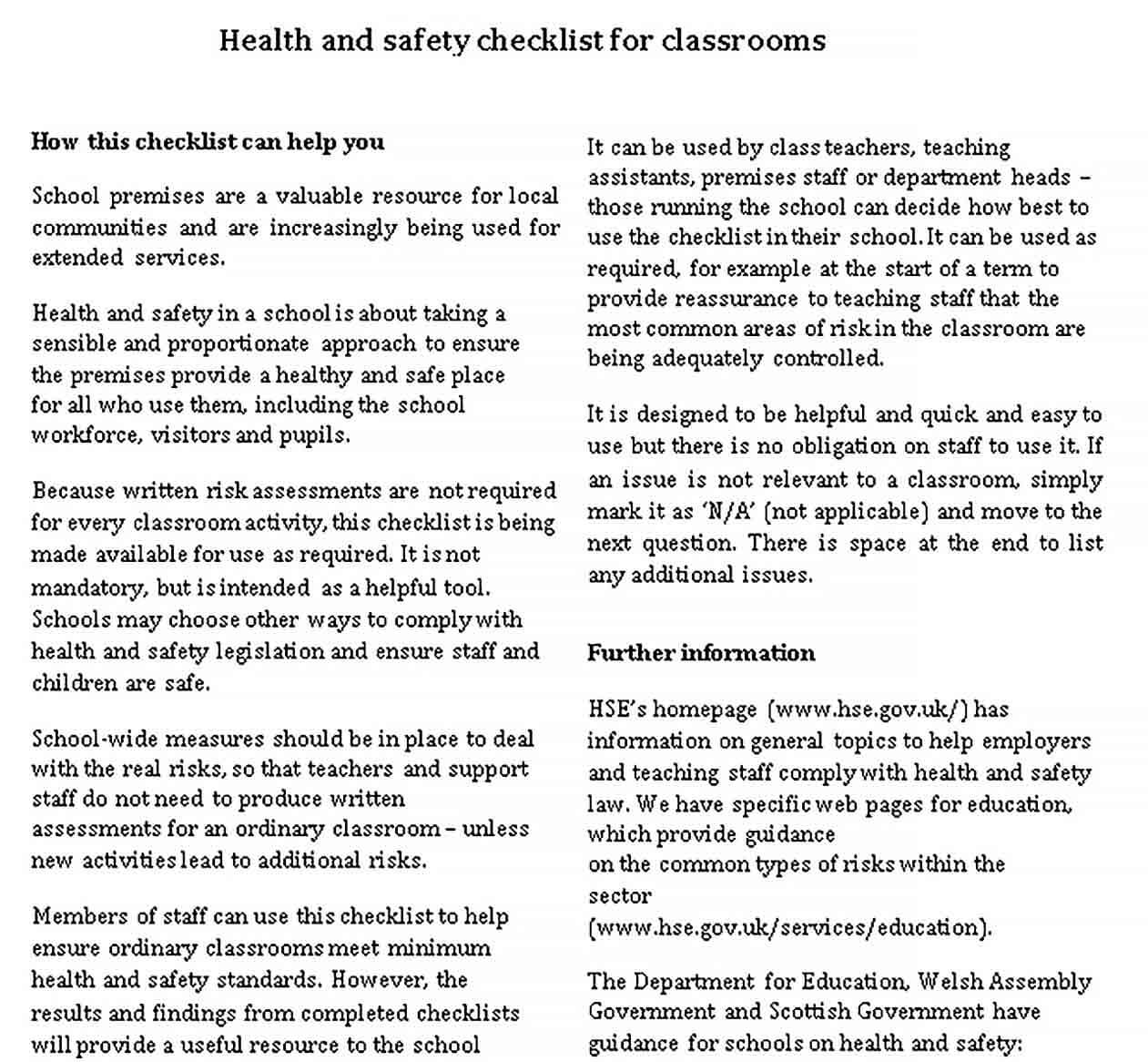 Sample Health and safety checklist for Classroom