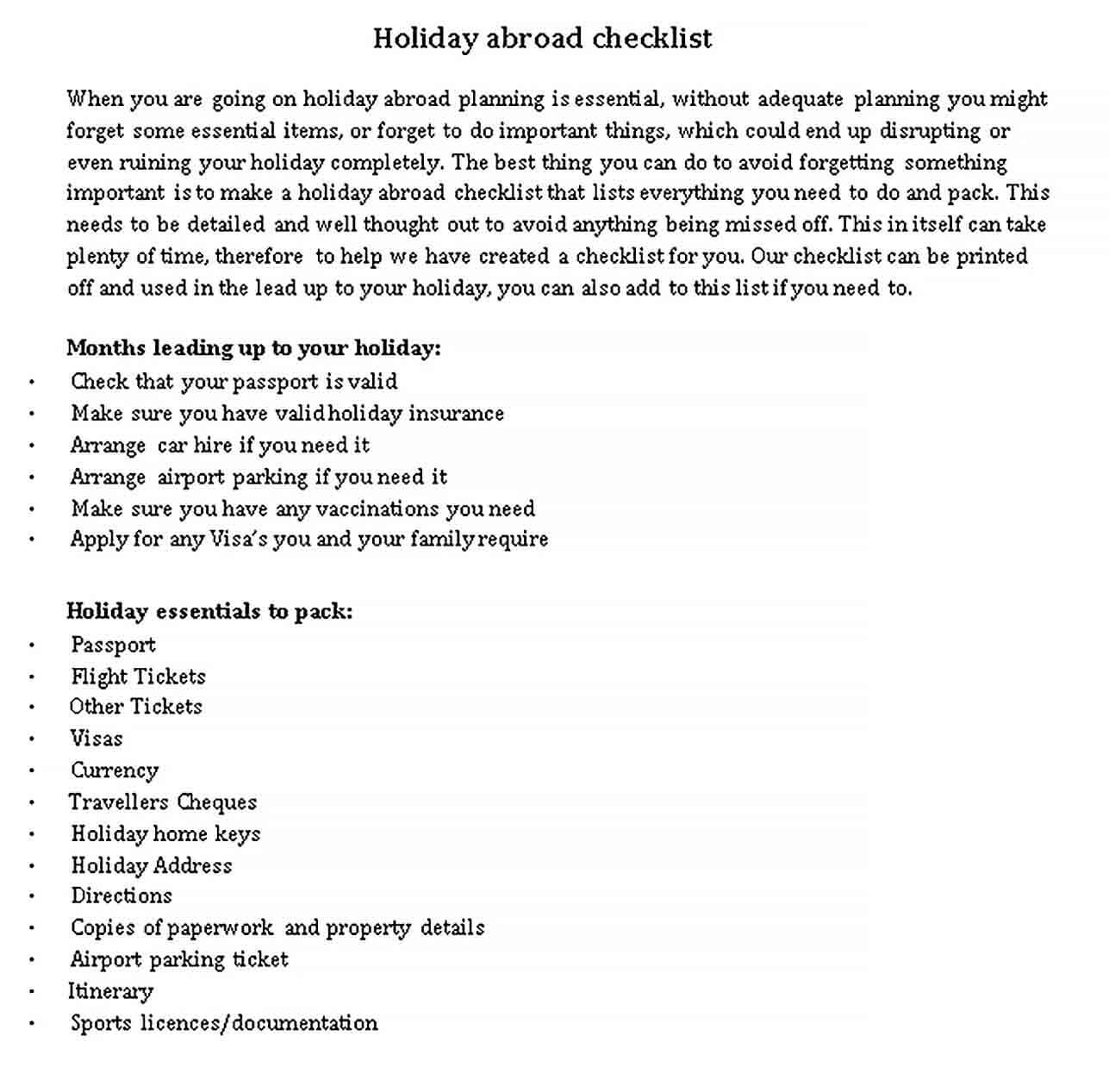 Sample Holiday Abroad Checklist