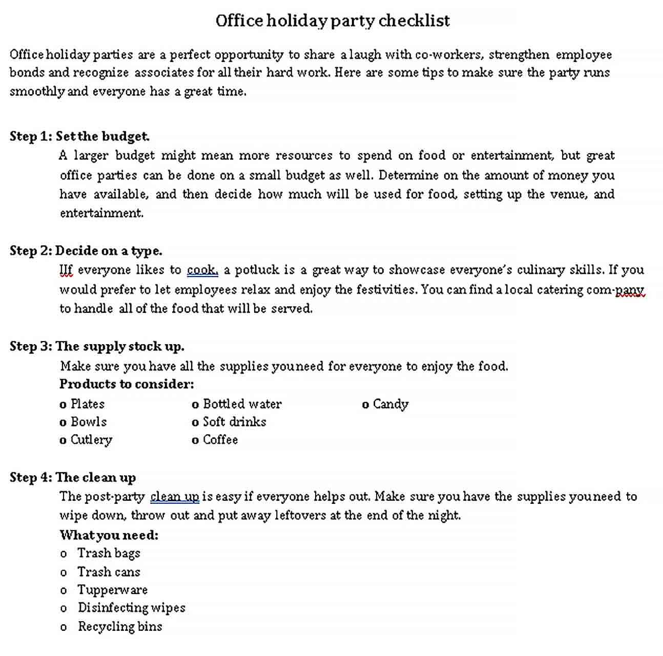 Sample Holiday Party Checklist Template