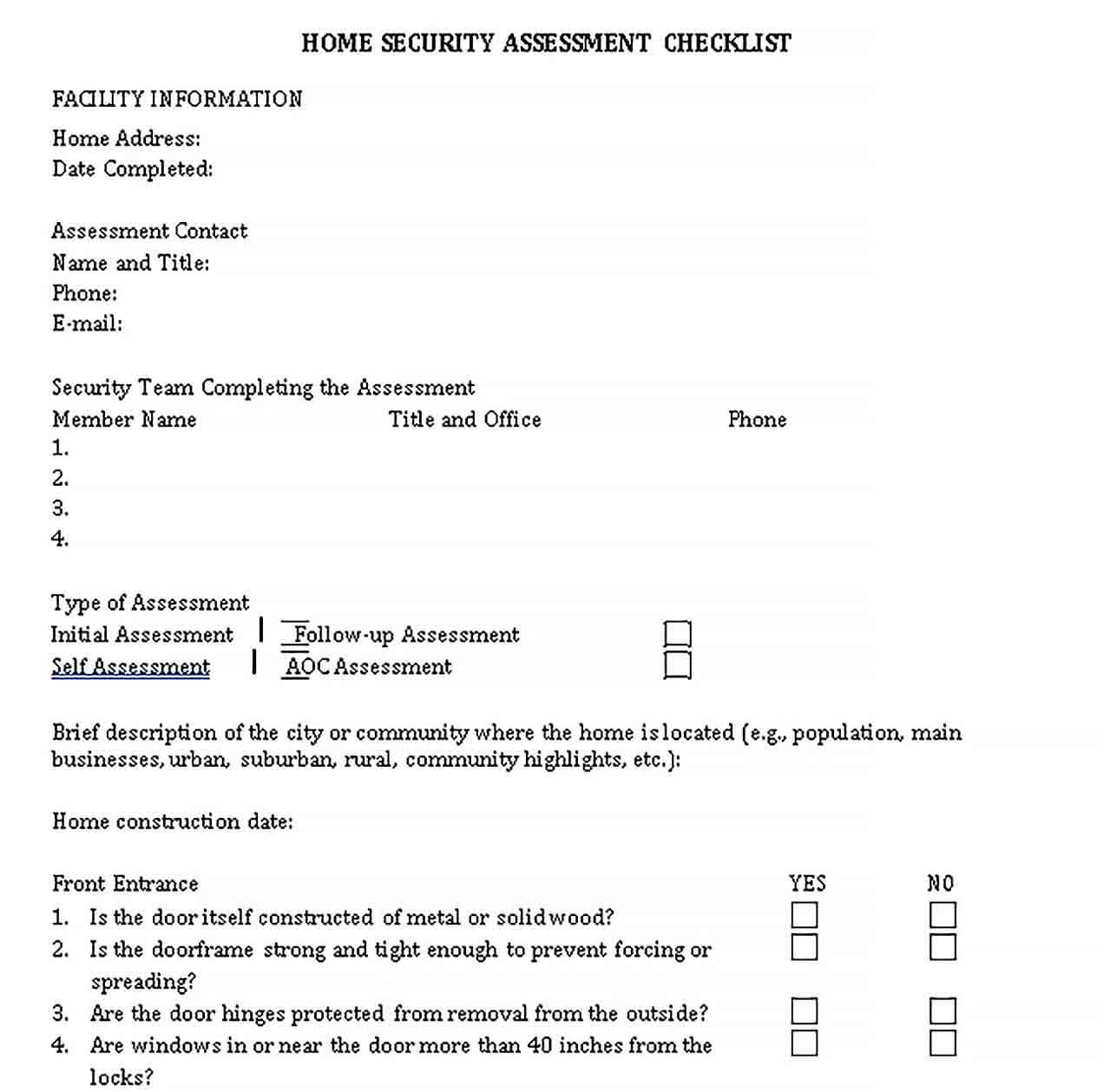Sample Home Security Assessment Checklist