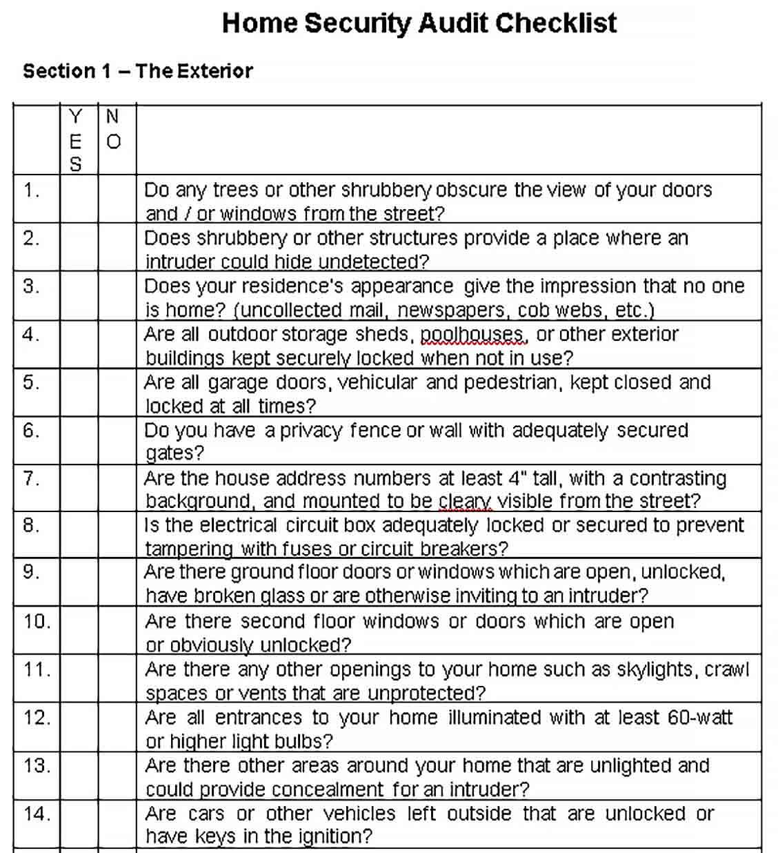 Sample Home Security Audit Checklist Template