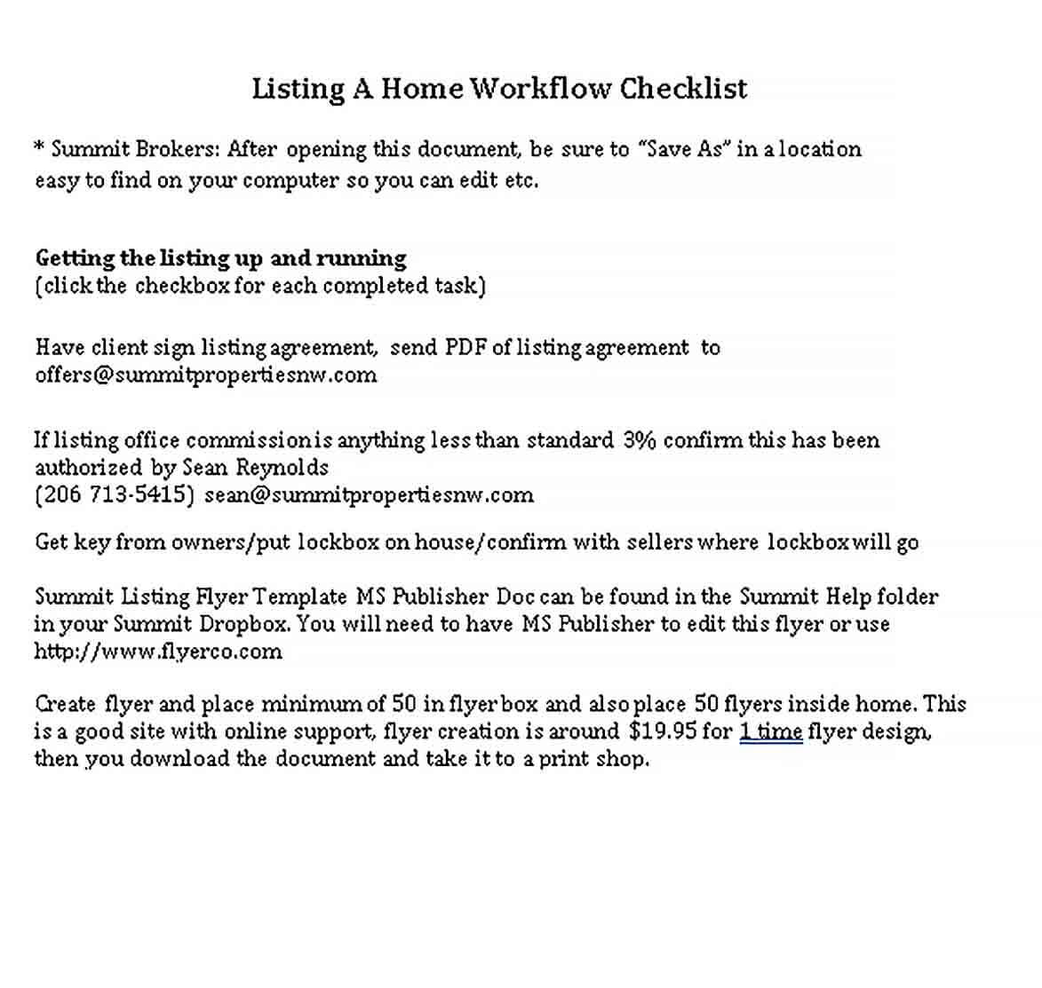 Sample Home Workflow Checklist