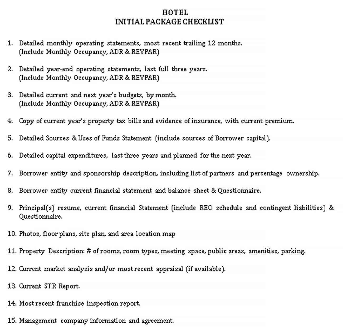 Sample Hotel Checklist for Package Template