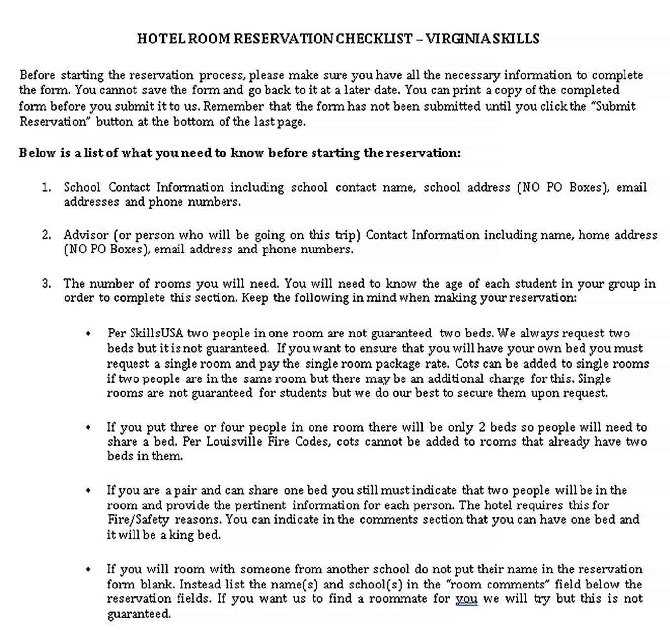 Sample Hotel Checklist for Reservation