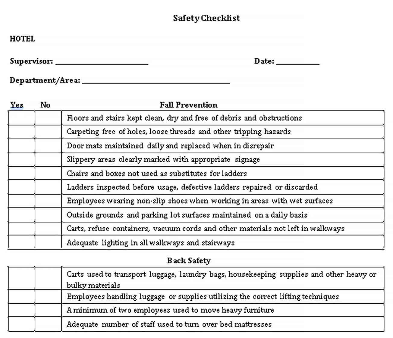 Sample Hotel Saftey Checklist Template