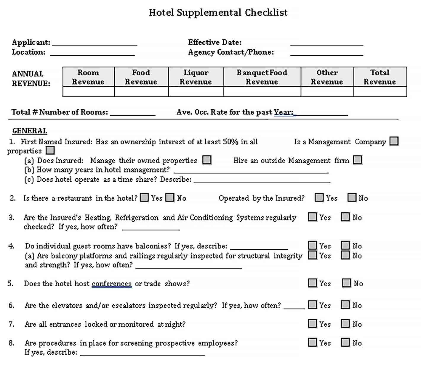 Sample Hotel Suppplement Checklist Example