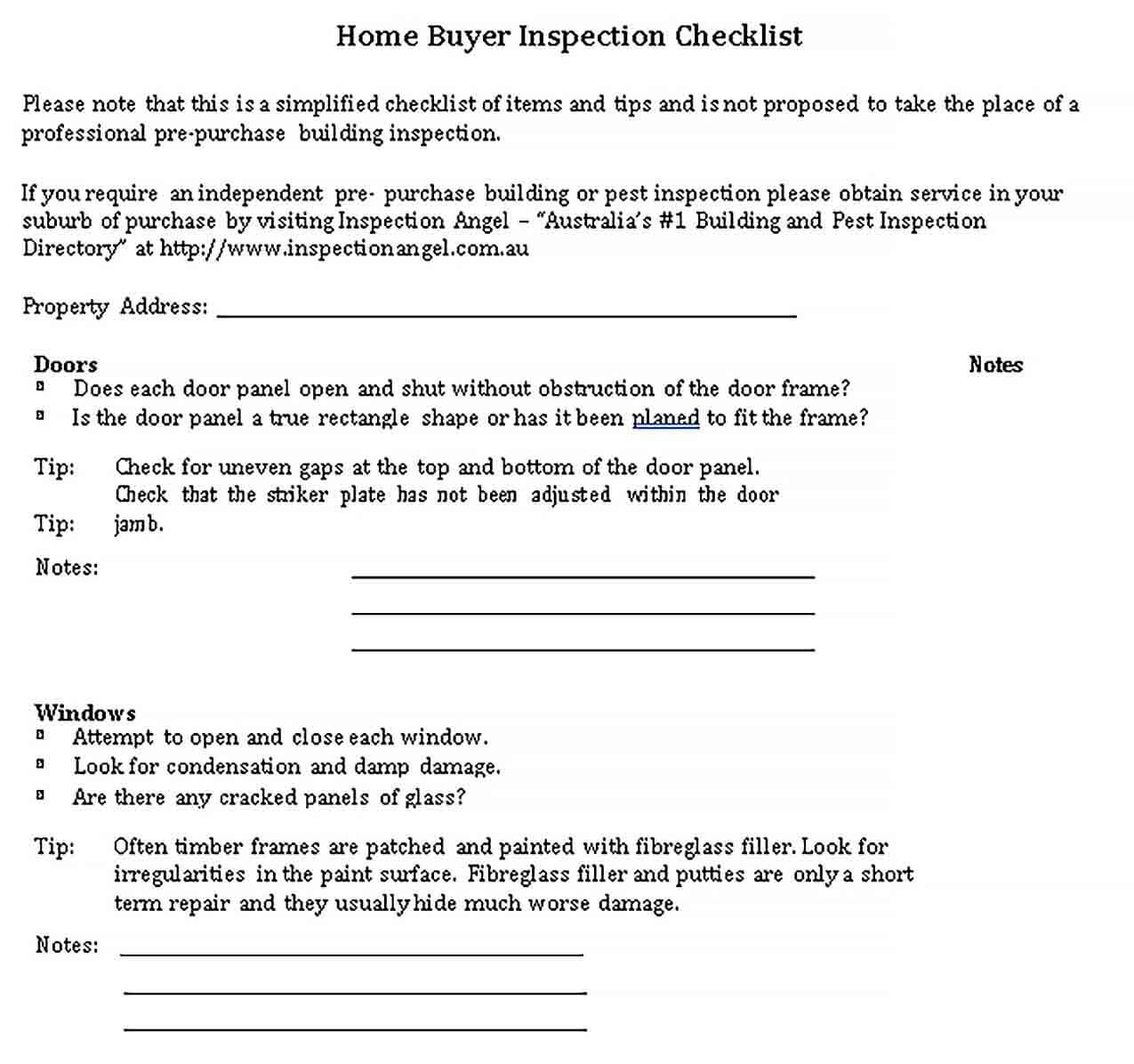 Sample House Buyer Inspection Checklist