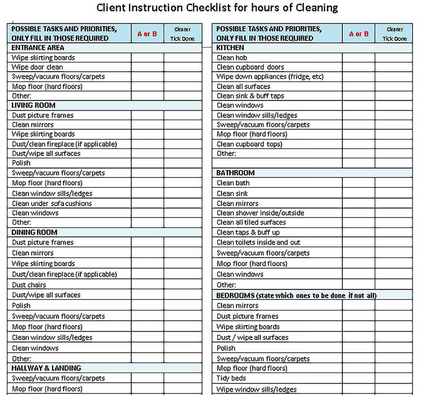 Sample House Cleaning Client Instruction Checklist