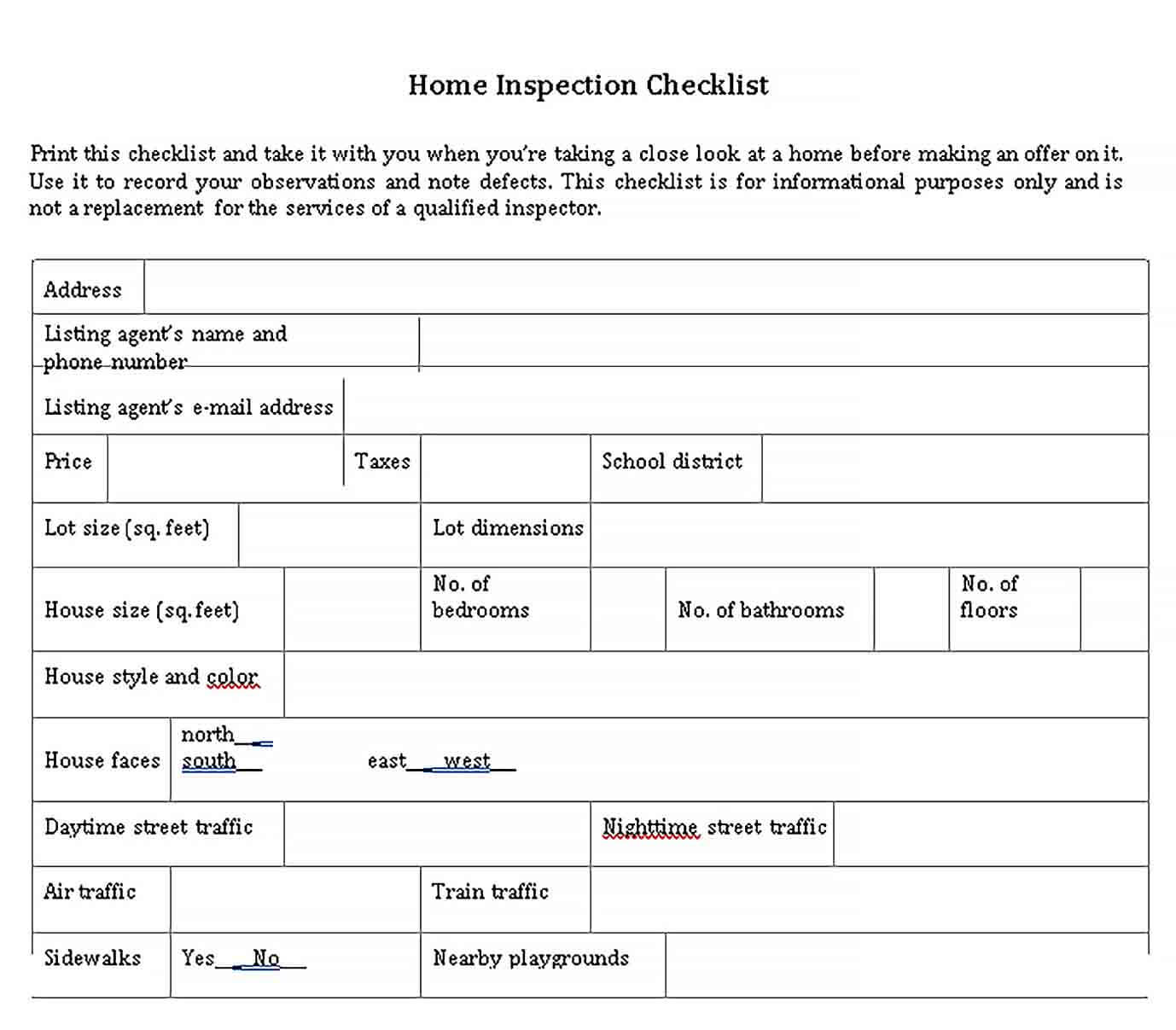 Sample House Inspection Checklist