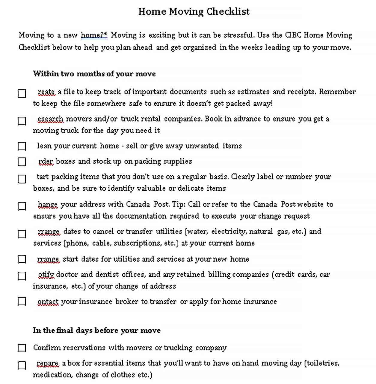 Sample House Moving Checklist Template