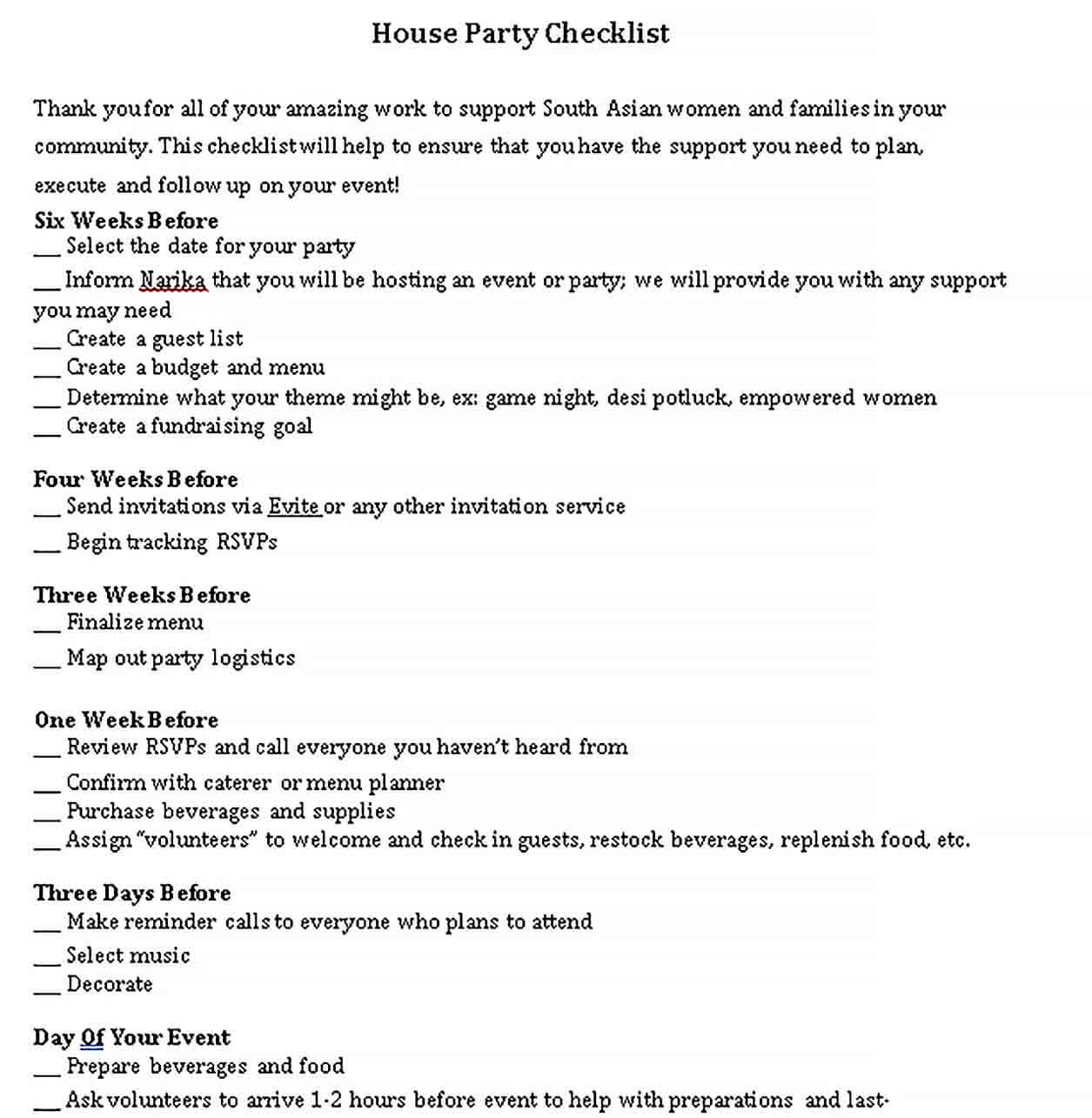 Sample House Party Checklist Template