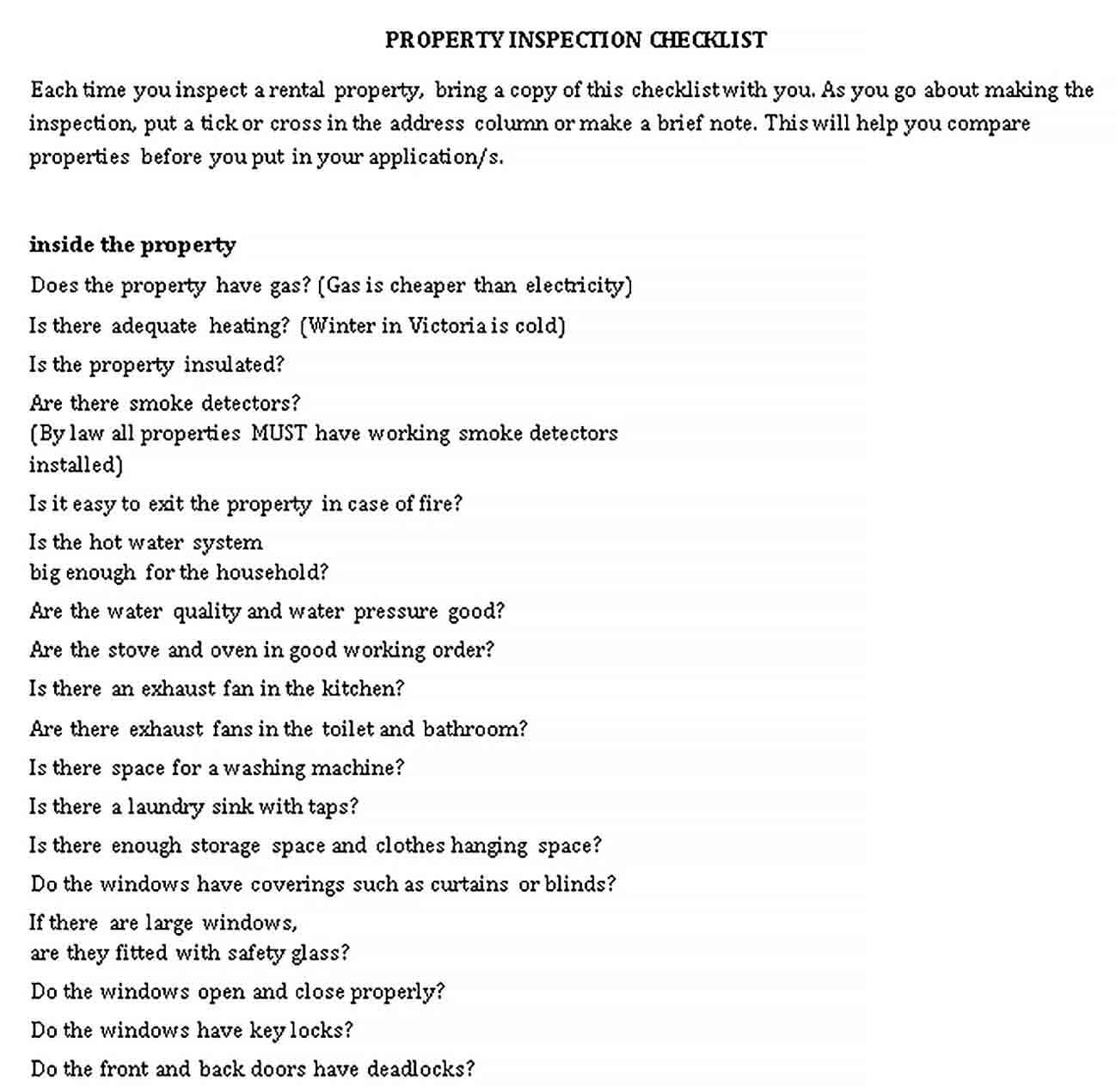 Sample House property inspection checklist