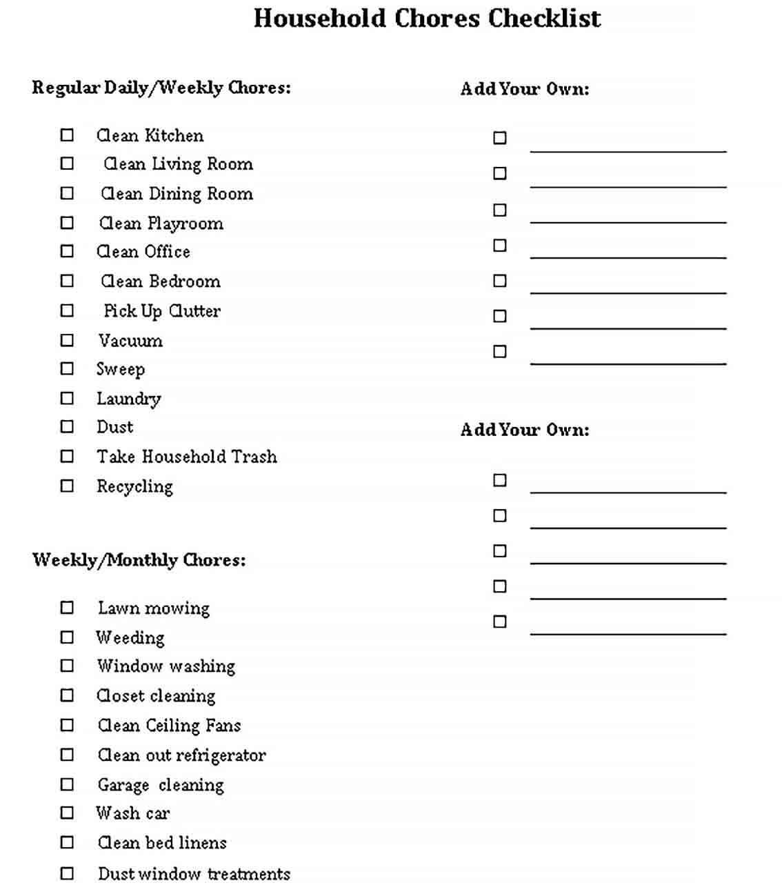 Sample Household Chore Checklist Template