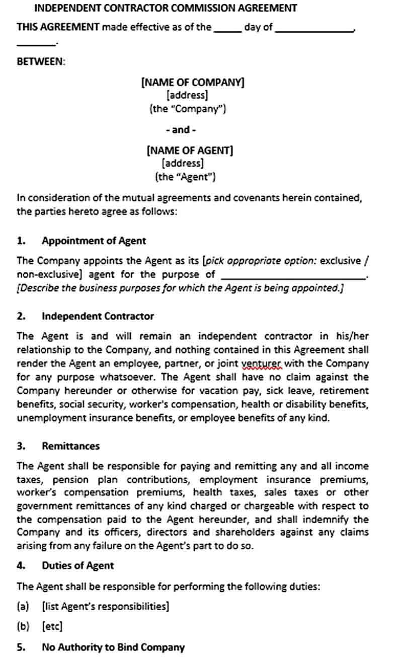 Sample Independent Contractor Commission Agreement