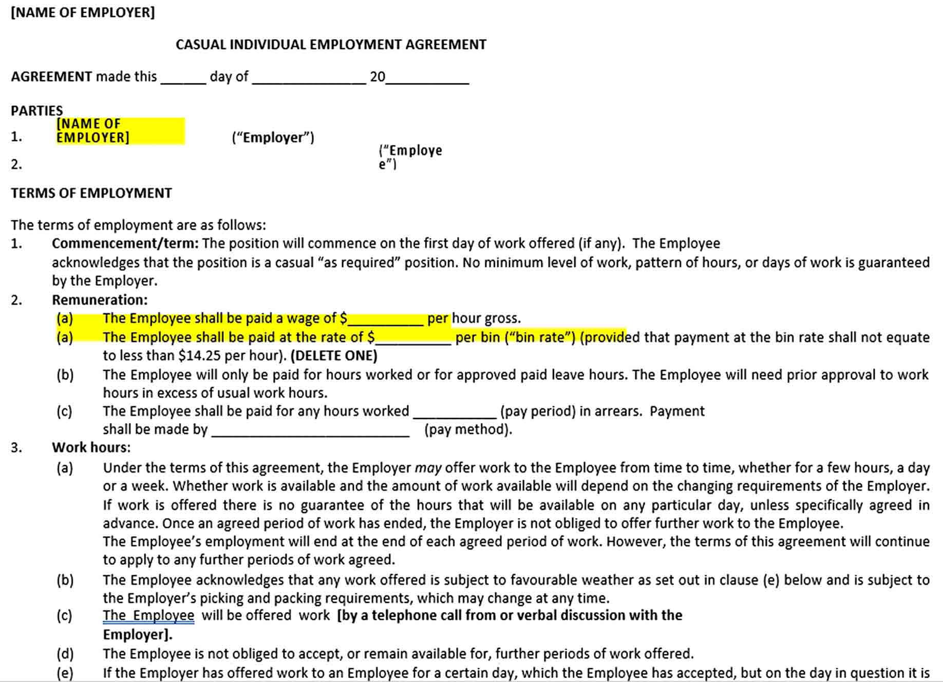 Sample Individual Employee Employement Agreement Form