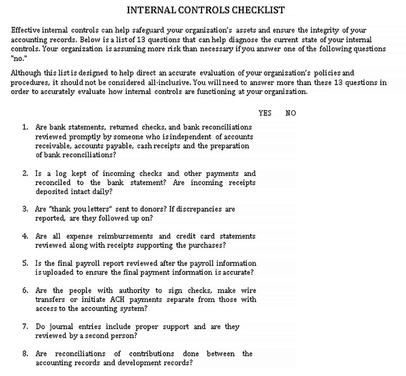 Sample Internal Control Checklist Template For Organization