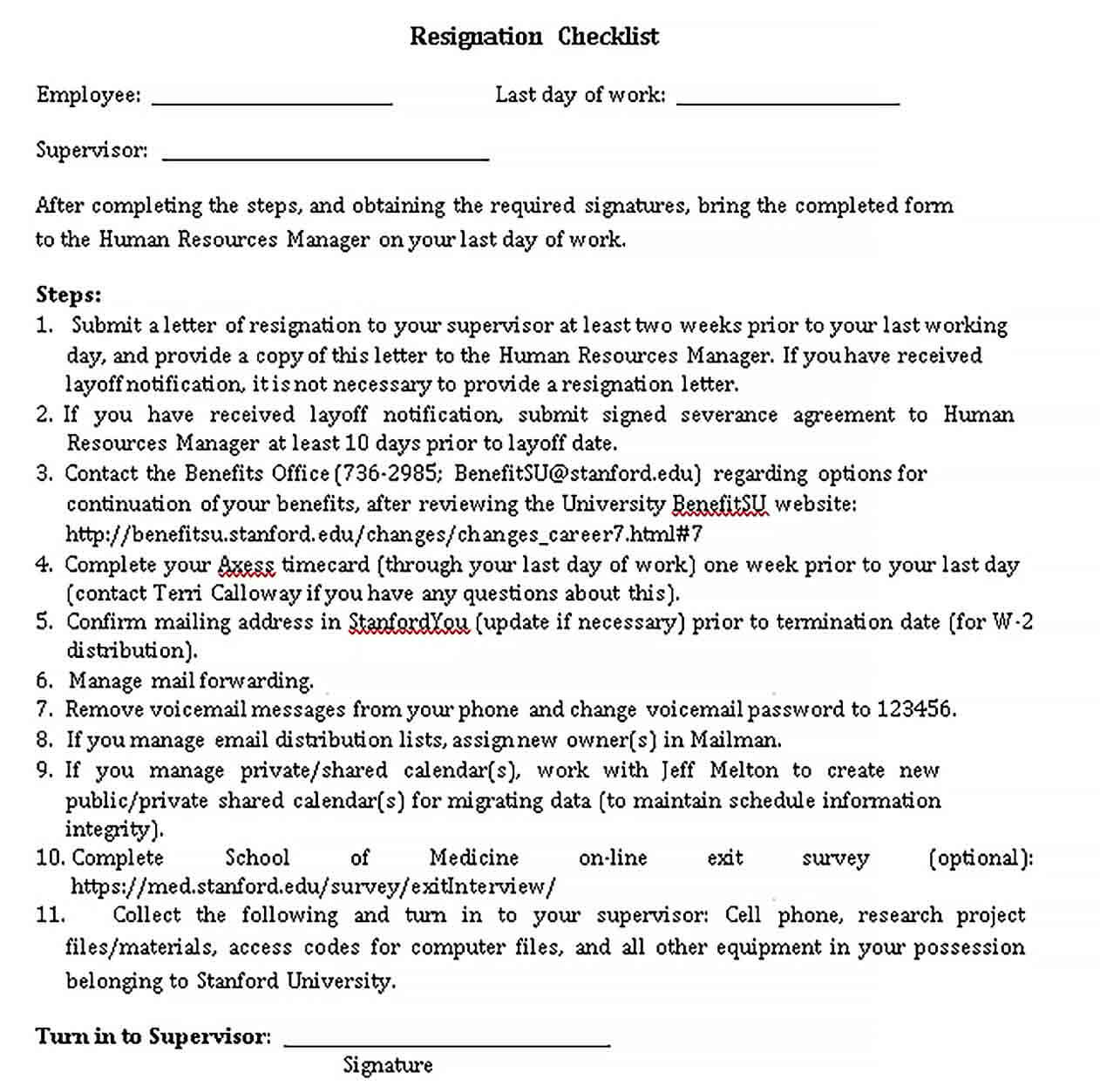 Sample Job Resignation Checklist Template
