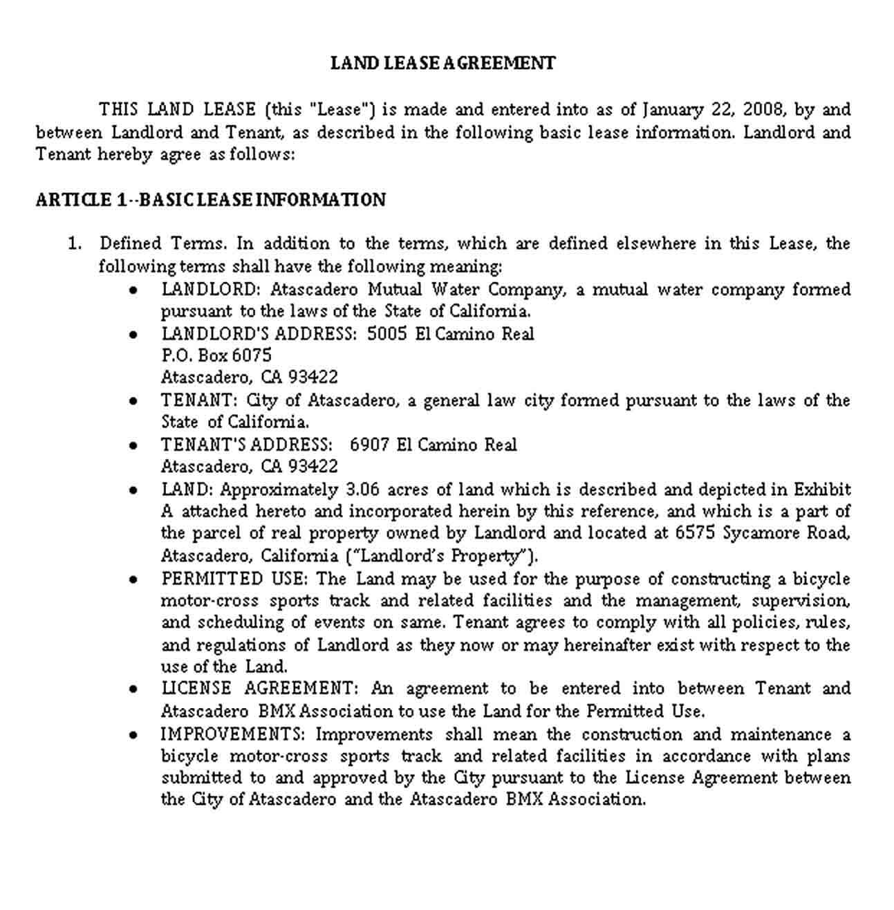 Sample Land Lease Agreement