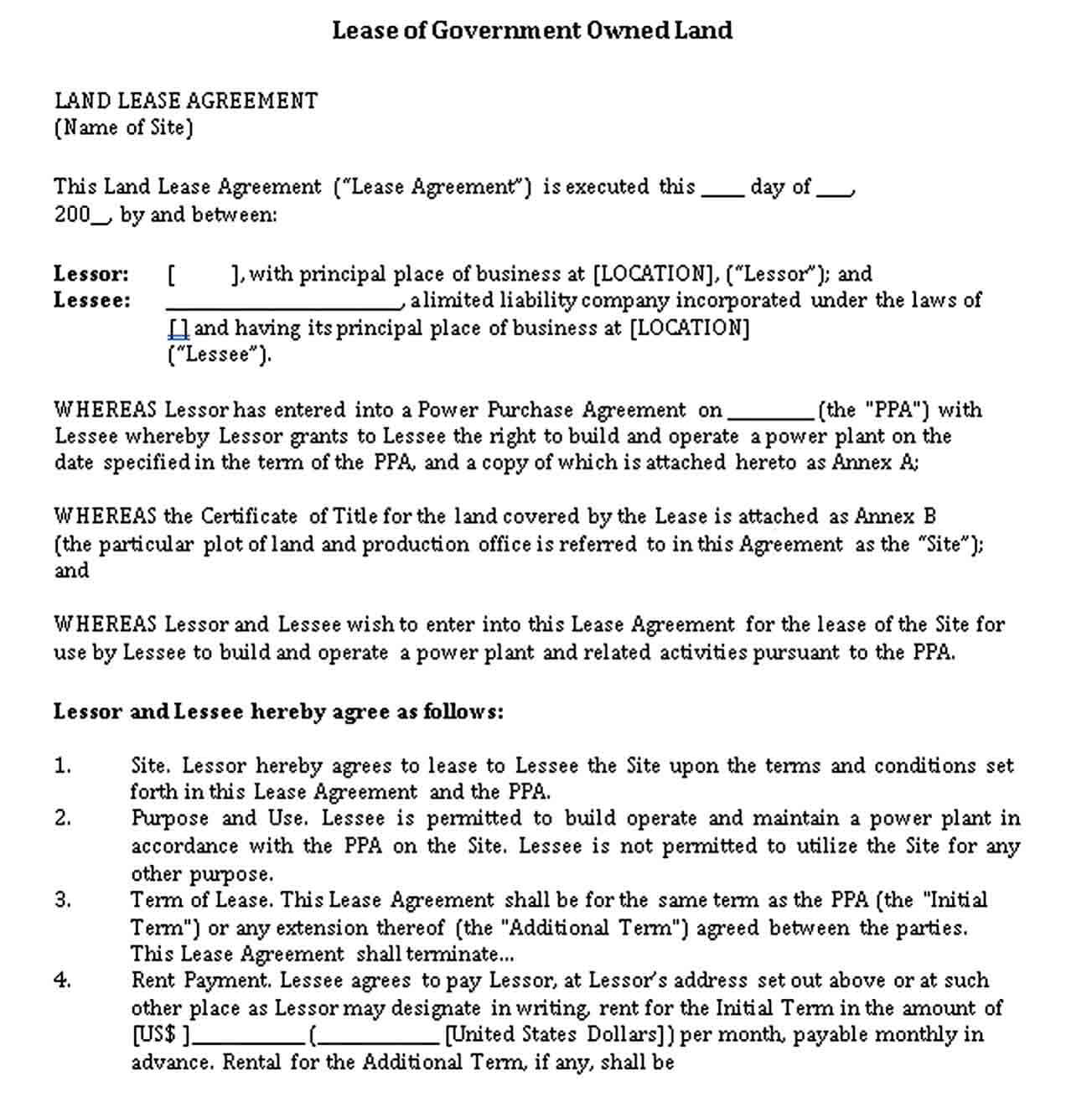 Sample Lease of Government Owned Land