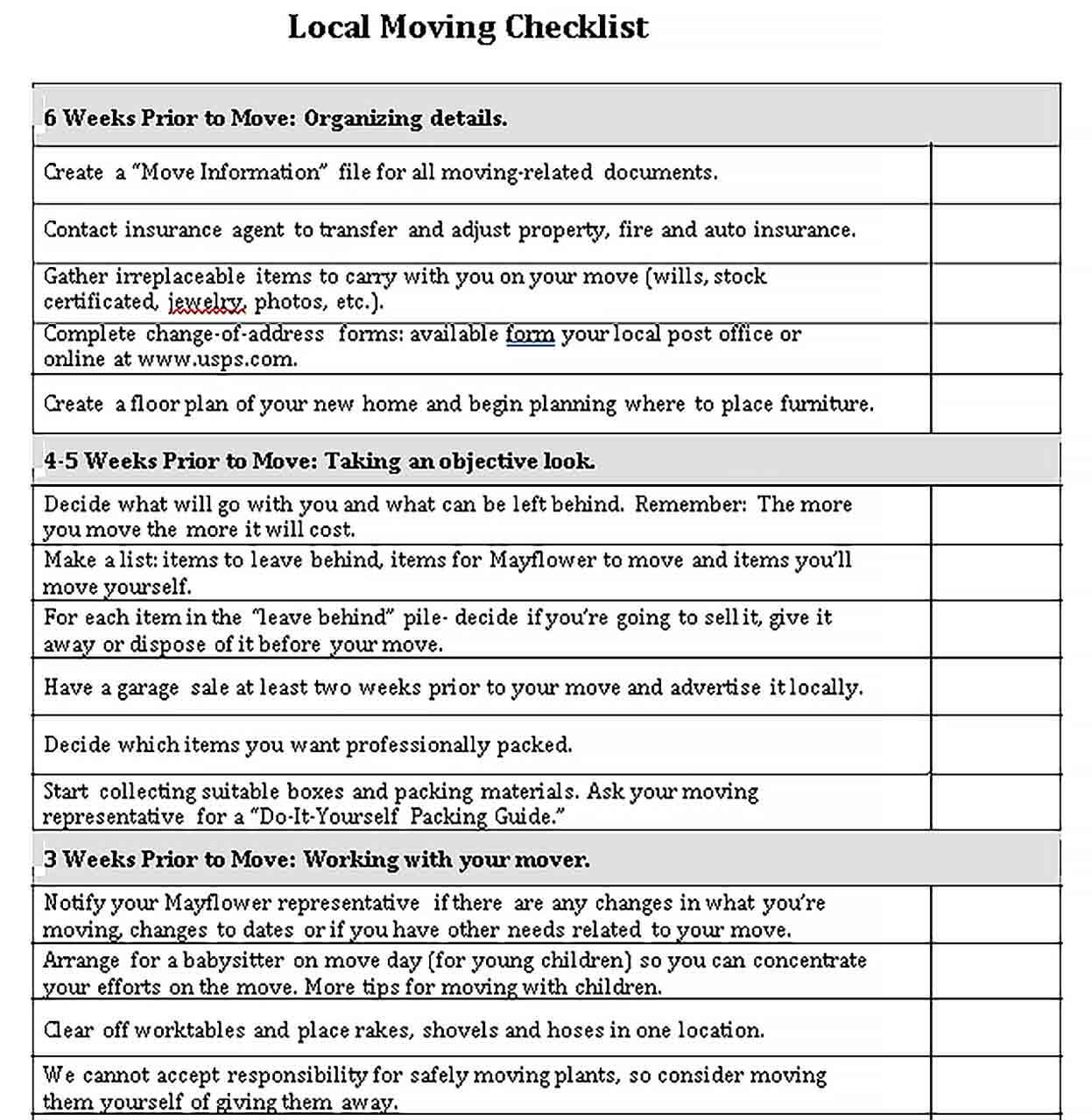 Sample Local Moving Checklist Template
