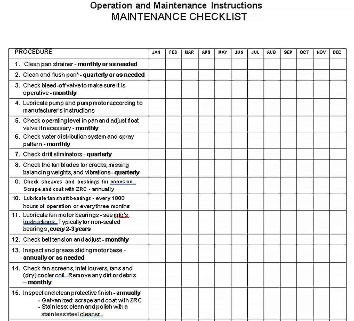 Sample Maintenance Checklist Template