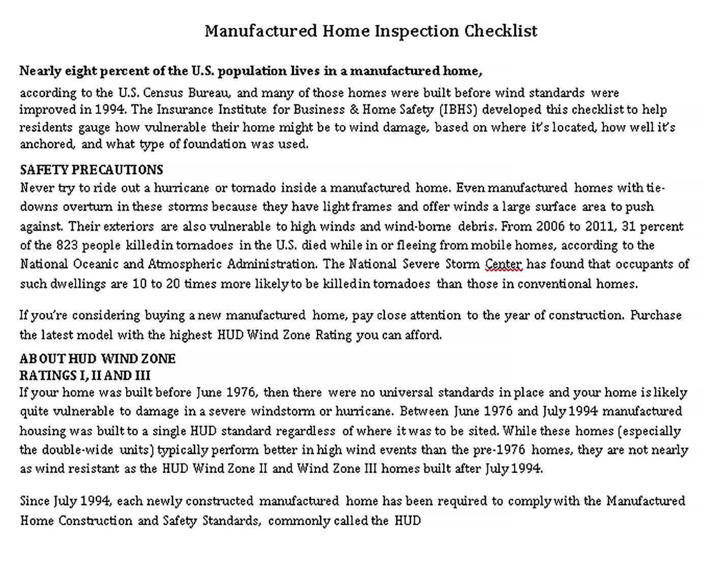 Sample Manufactured Home Inspection Checklist Template