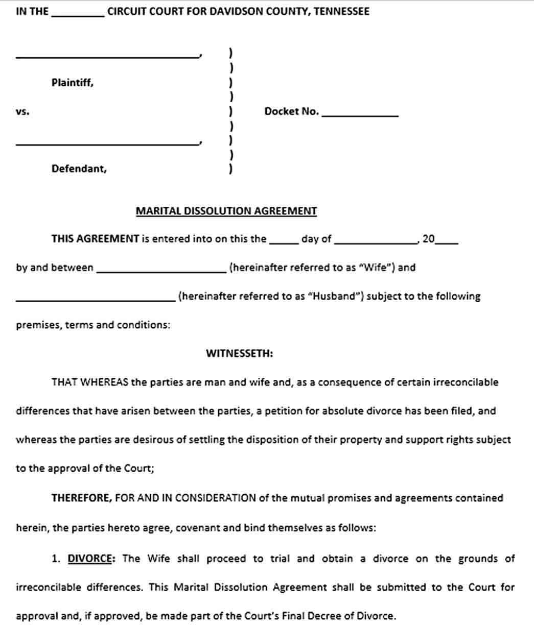 Sample Martial Dissoluation Agreement Example