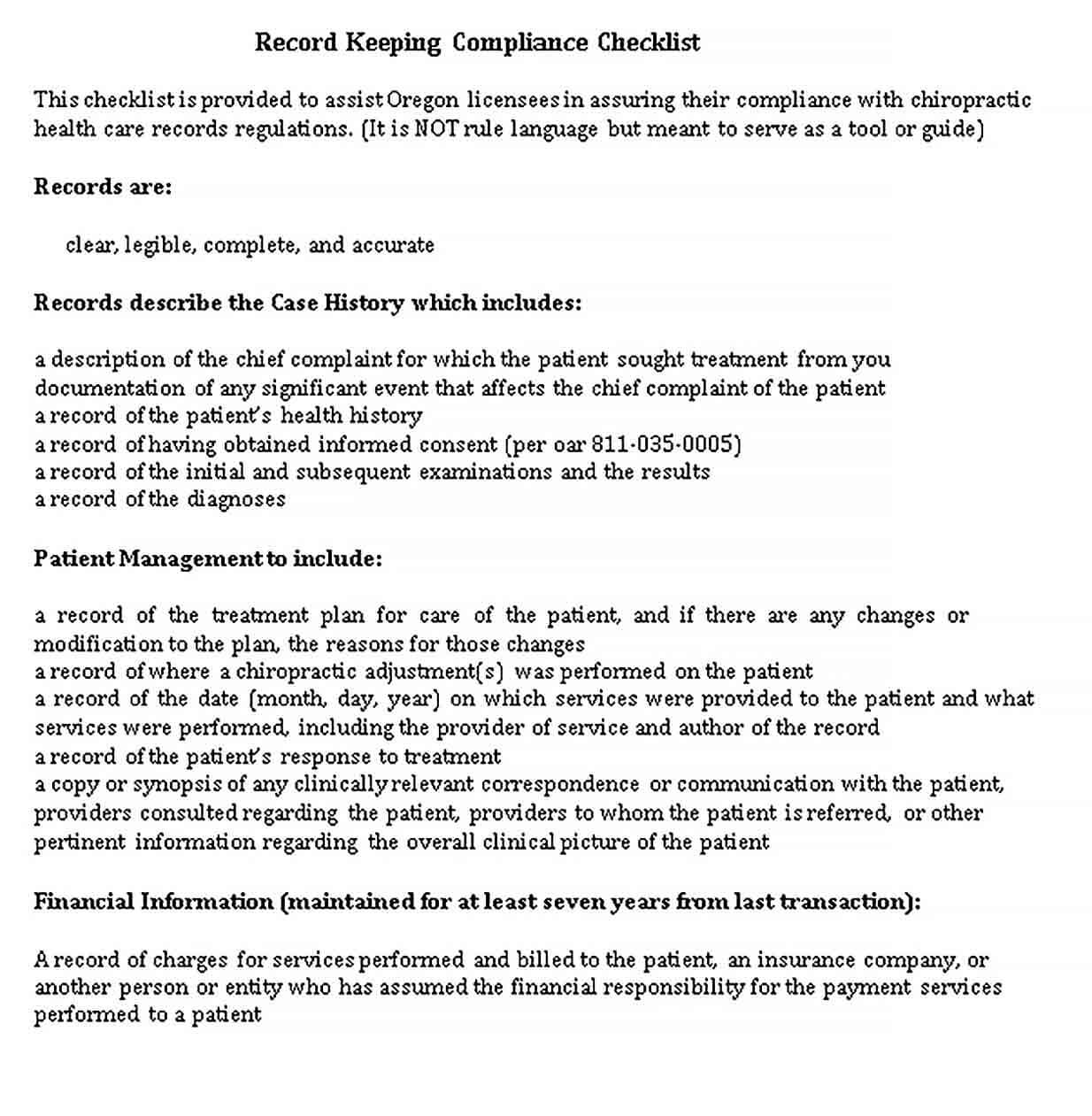 Sample Medical Record Keeping Checklist Template
