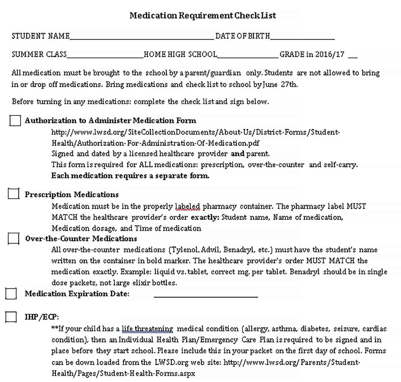 Sample Medication Requirement Checklist