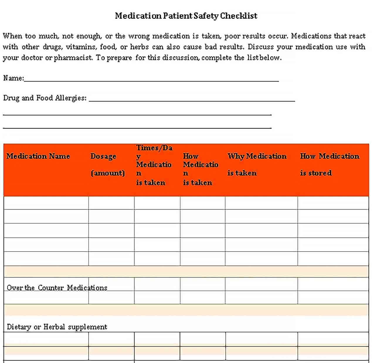 Sample Medication Safty Checklist Example