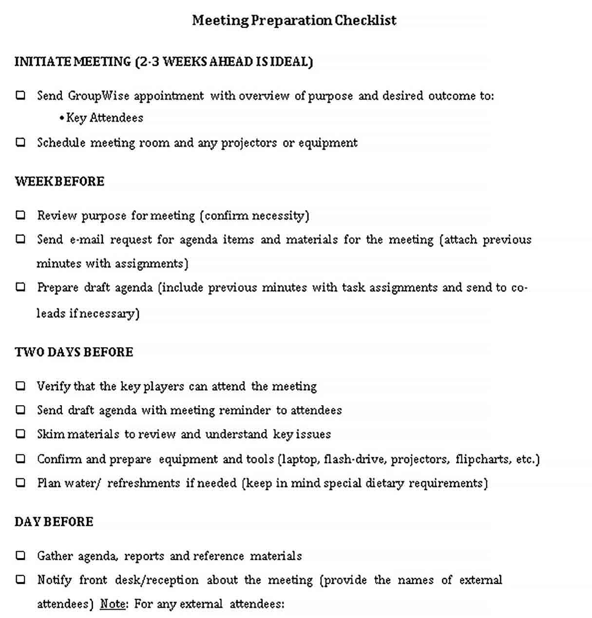 Sample Meeting Preparation Checklist Template 1