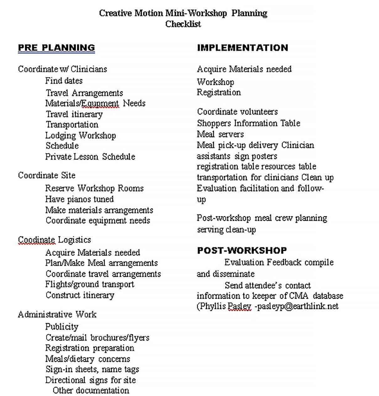 Sample Mini Workshop Planning Checklist
