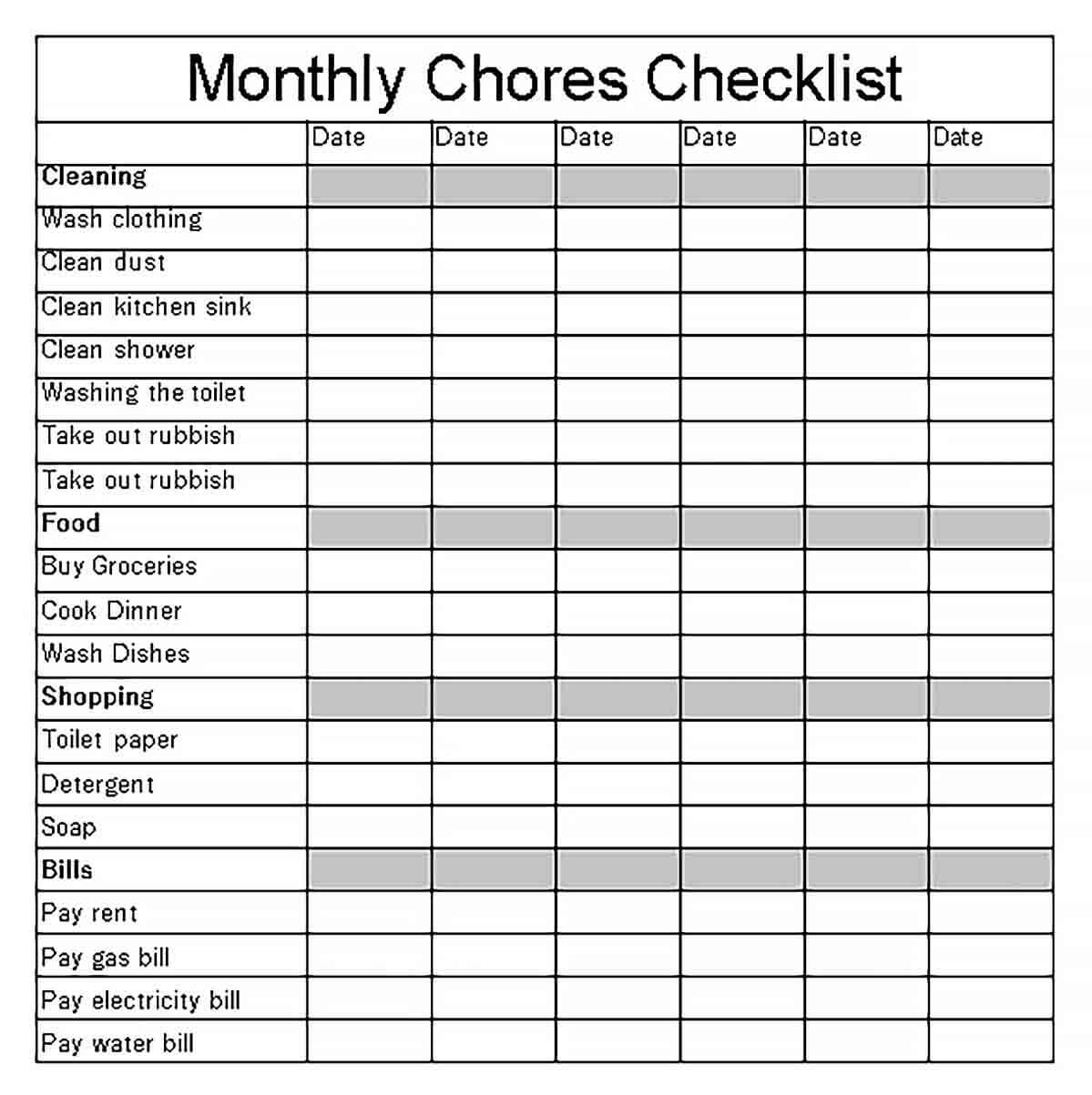 Sample Monthly Chore Checklist Template