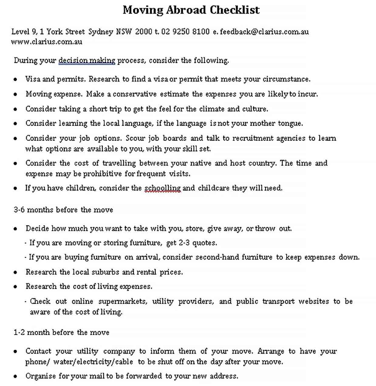 Sample Moving Abroad Checklist Template