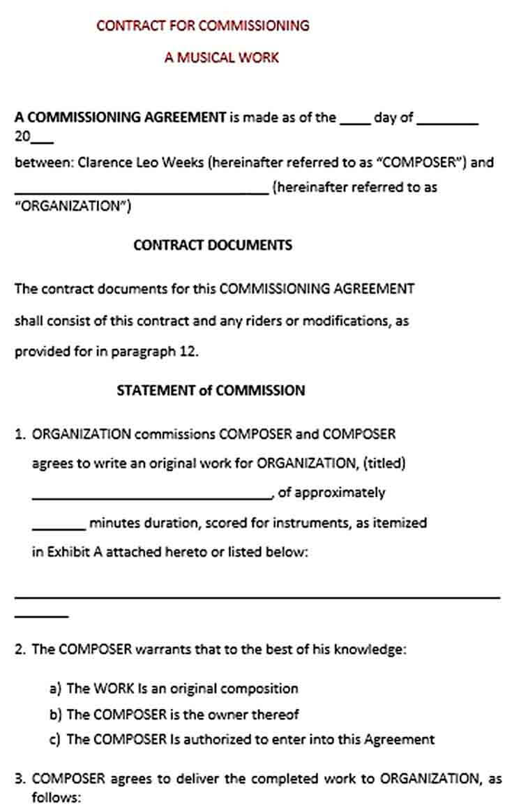 Sample Musical Work Contract Commission Agreement Template