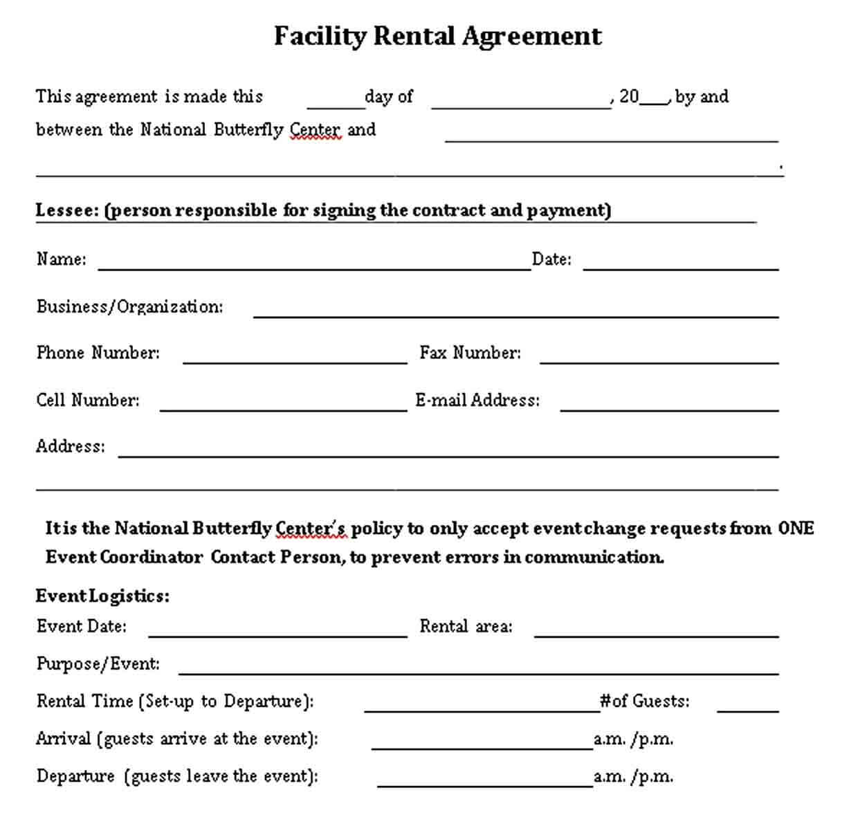 Sample National Butterfly Center Facility Rental Agreement