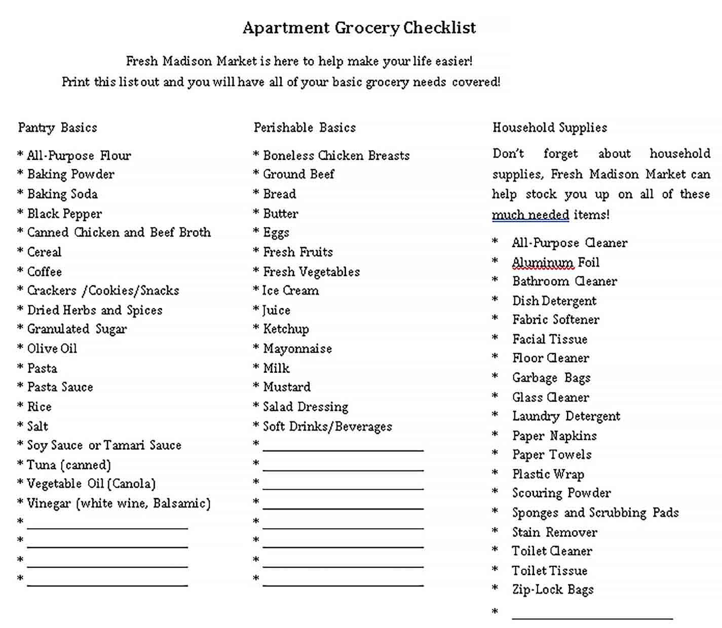 Sample New Apartment Grocery Checklist
