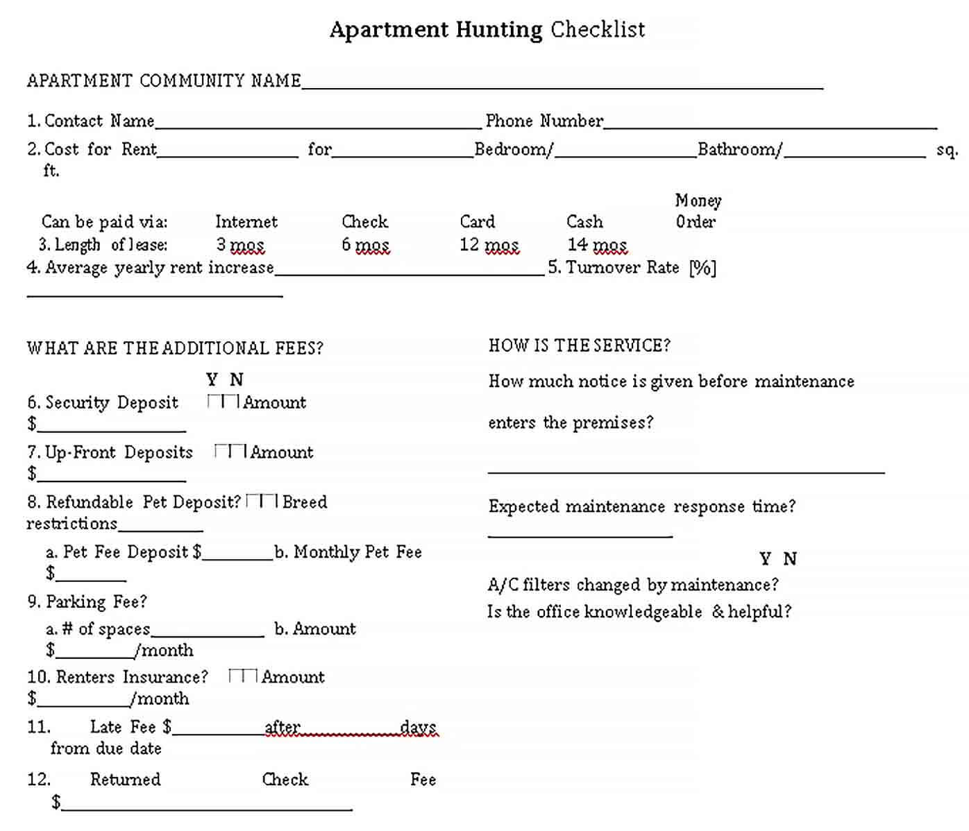 Sample New Apartment Hunting Checklist